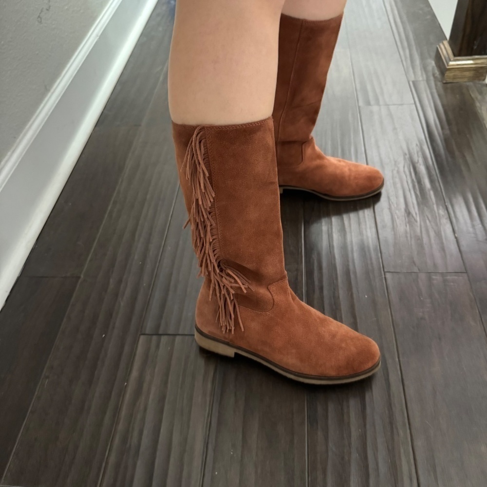 Lucky Brand Suede Fringe Brown Rodeo Campus Style Boho Leather Boots Size 8.5 - Picture 3 of 11